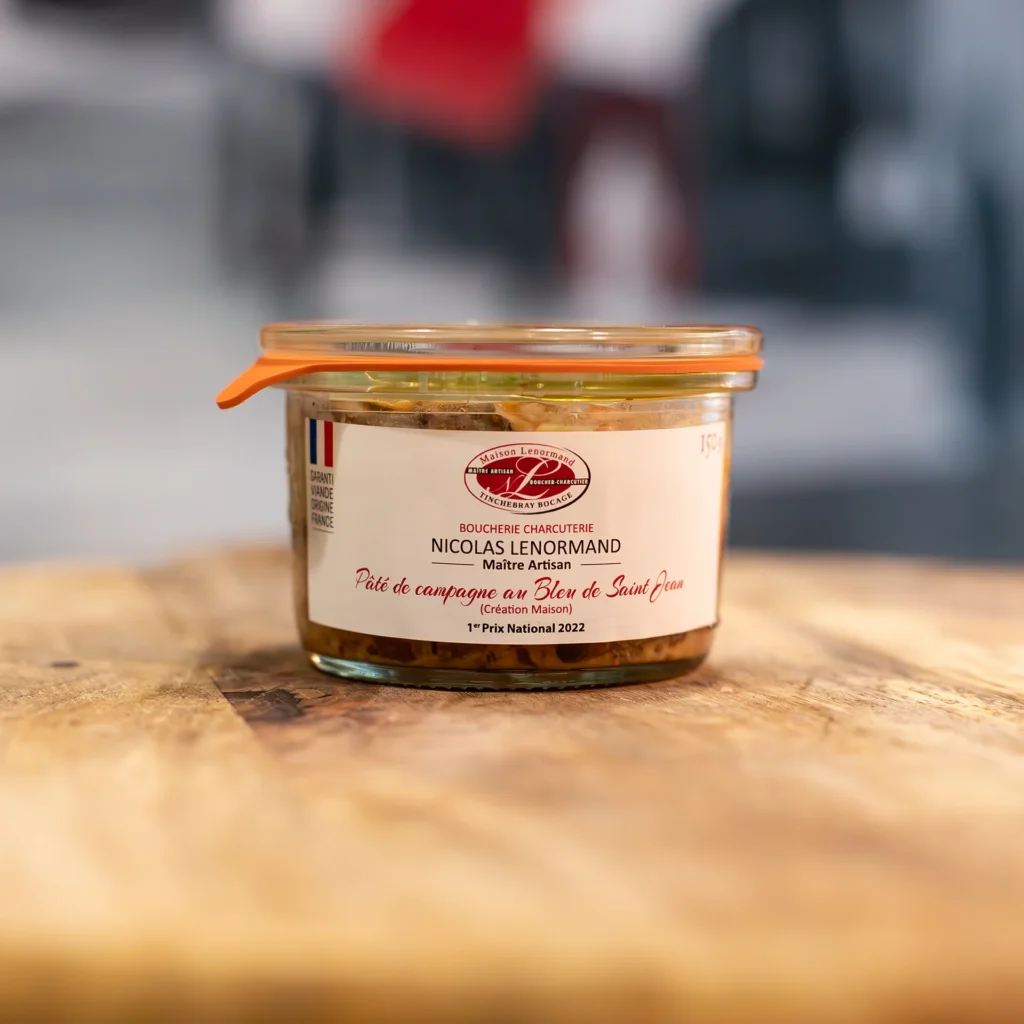 Bocal pâté campagne bleu Saint-Jean 1er prix 2022, artisan local Maison Lenormand Tinchebray Bocage
